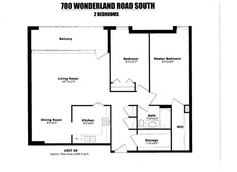 Floor plan for 2 beds, 1 bath, 1024 sqft